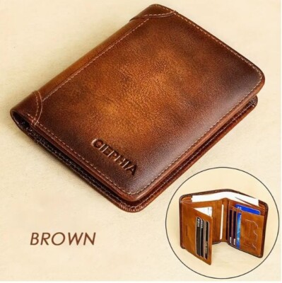 Bamsu Men's Deer Trifold Wallet – Full Grain Cowhide Leather, RFID Blocking, 9 Card Slots, Gift Box
