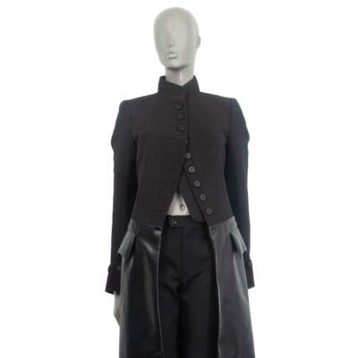 モニタ 63024 auth LOUIS VUITTON black leather & Grosgrain REDINGOTE Coat
