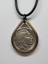 Teardrop Pendant made from Buffalo Nickle  US quarter coin ring 24 in cord