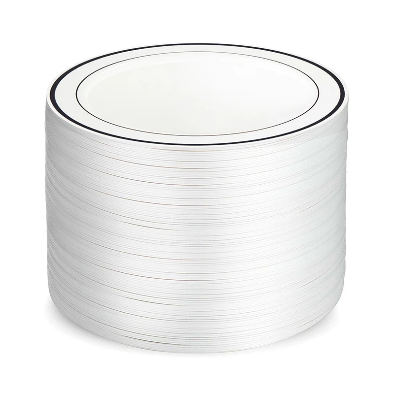 Platos de fiesta de plástico desechables con borde plateado de 7,5" y 10,25" platos de cena de alta resistencia Foto 4 de 4