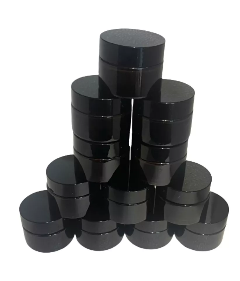 Frascos de vidrio redondos ámbar de 1 oz con revestimientos interiores y tapas negras, paquete de 12 Foto 4 de 4