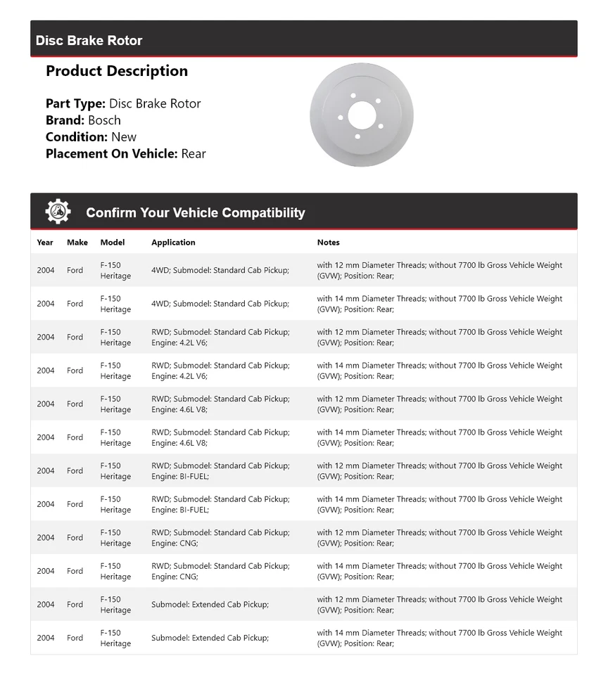For 2004 Ford F-150 Heritage Bosch QuietCast Disc Brake Rotor Rear - Imagem 2 de 4
