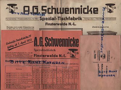 FINSTERWALDE, Brief / Prospekt 1933, A.G. Schwennicke Spezial-Tisch-Fabrik