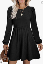 SAMPEEL Women's Puff Sleeve Round Neck Casual Party Lil BLack Dress XL