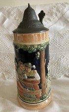 Vintage German Ceramic Beer Stein with Metal Lid