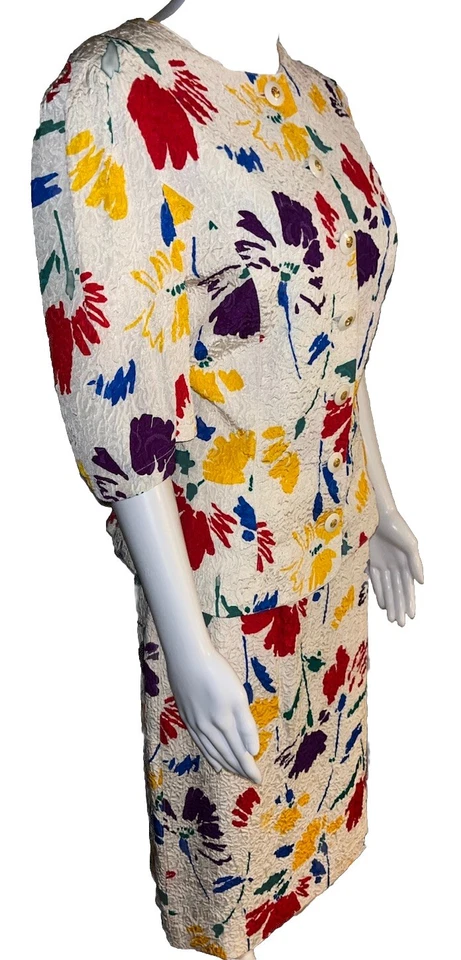 Vestido LOUIS FERAUD Estampado Floral Seda 2 Piezas Talla 14 Vintage Años 80’s Carrera Iglesia Traje Foto 3 de 4
