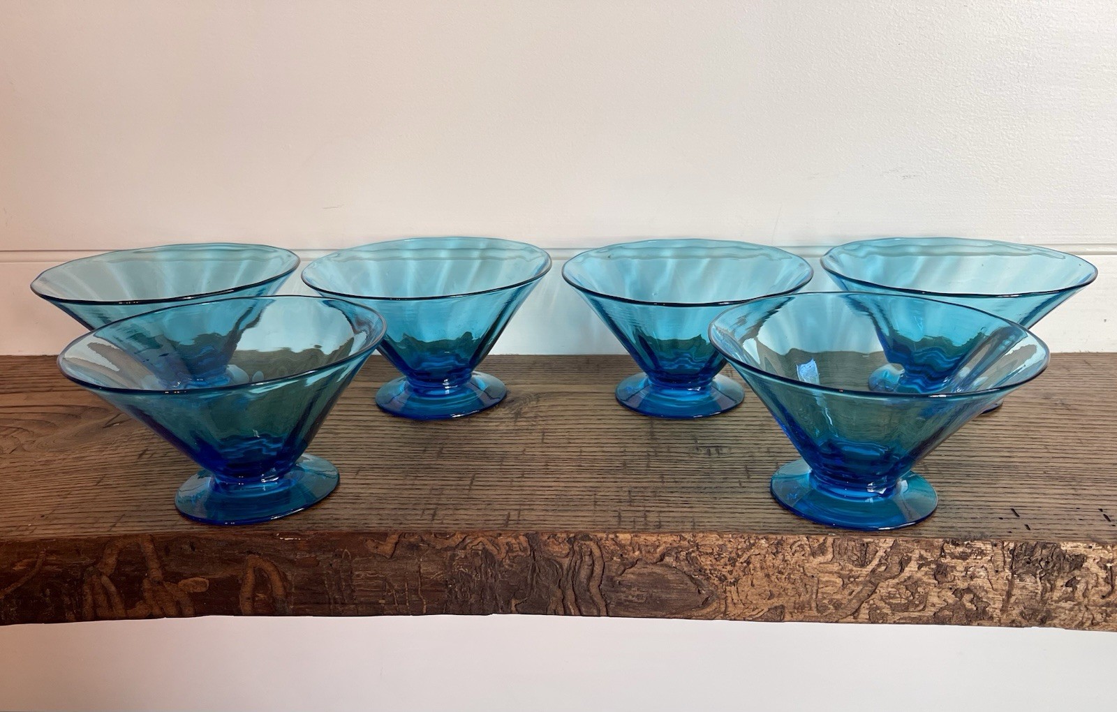 Steuben-Six Carder Era Shape #5154 Celeste Blue Optic Rib Sherbet Bowls-Signed