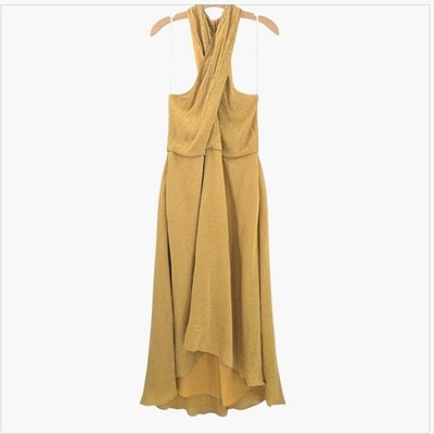 Halston Heritage Dress Size 14 Gold Crinkle Rayon Cross Neck Pockets Lined NWT