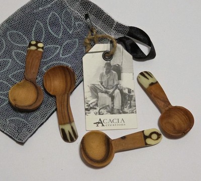 Acacia Miniature Spice Spoons Olive Wood 4 Pc Kitchen Utensil Wooden Hand Carved