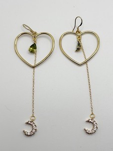 Authentic Gold Plated Sterling Silver Long Chain Heart Pave Crescent Moon Pierced Earrings