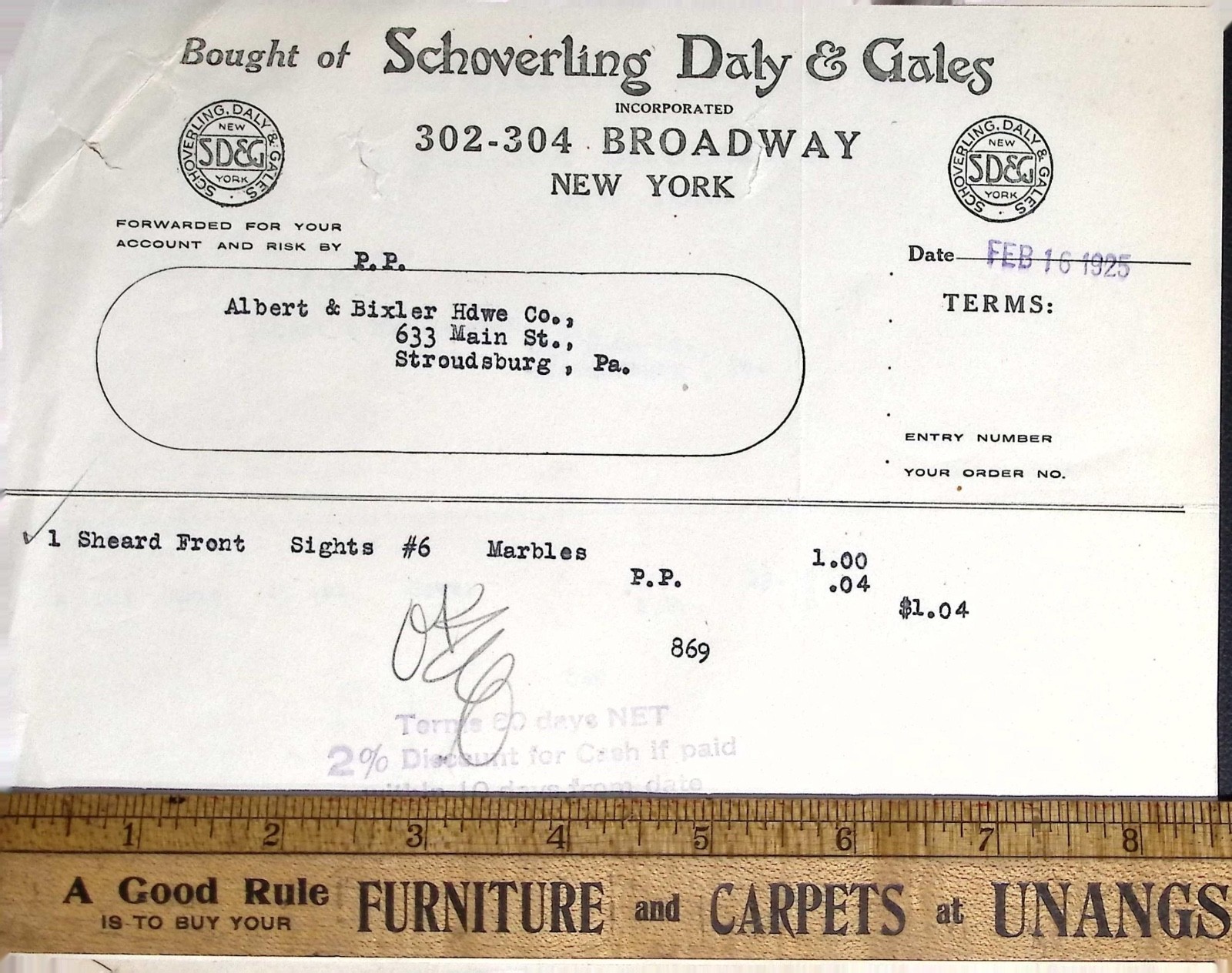 1925 Schoverling Daly & Gales NY Firearms Invoices Colt Auto & Marbles Sight