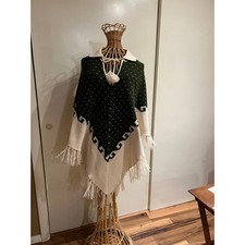 Poncho with Fringe and Pom Pom Ties Green and Off White Print 1970's Hippy Vibe