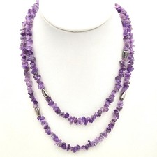 Amethyst Chip Bead Long Strand Necklace Purple Silver Tone Accents 40 Inch