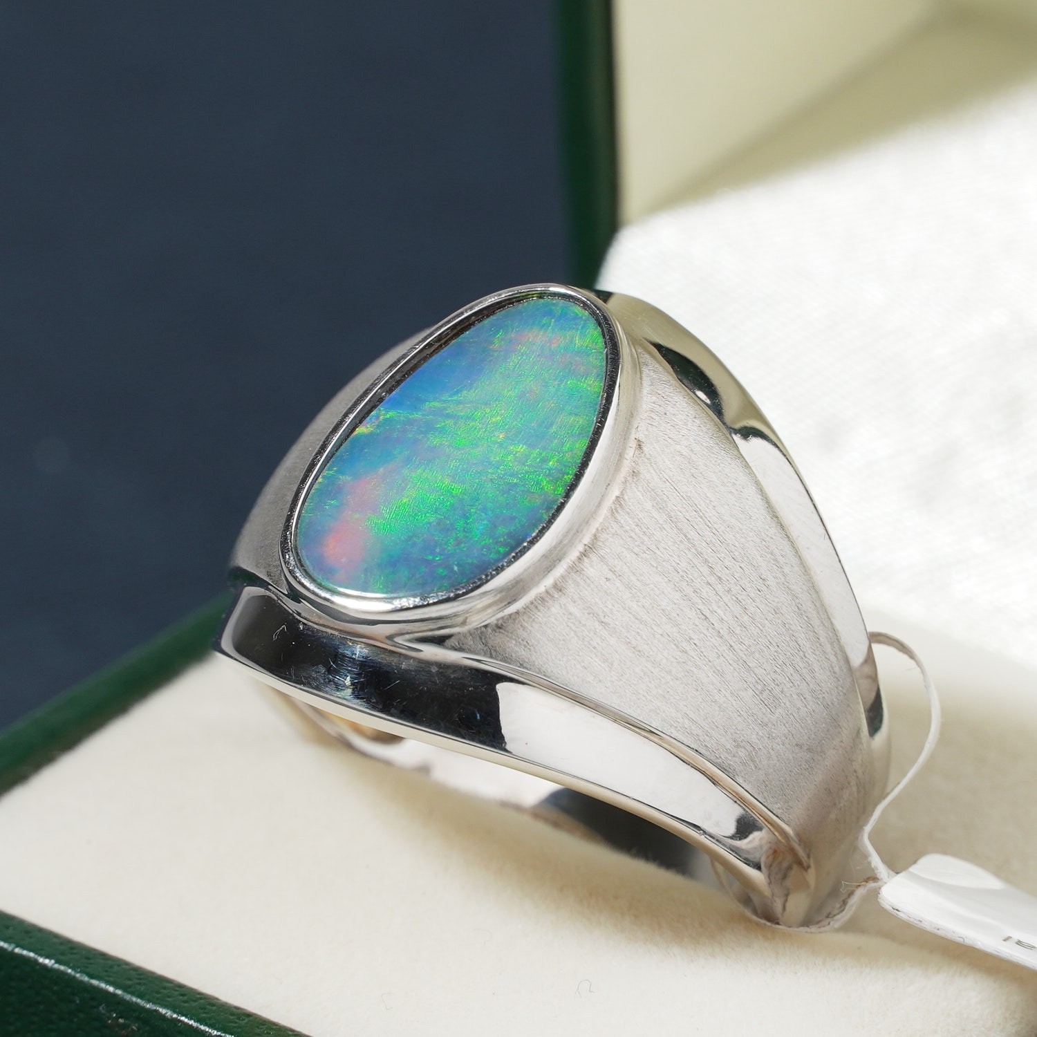 Australian Black Opal Doublet 925 Silver Mens Signet Ring Red Fire Green X 11.5 image 2