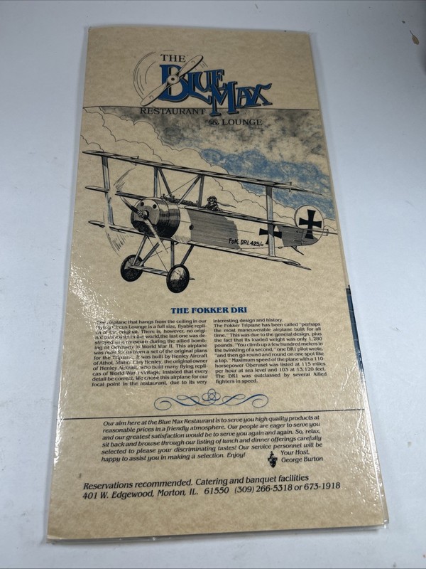 The Blue Max Restaurant Menu-The Fokker Dri Cover-Morton, Illinois