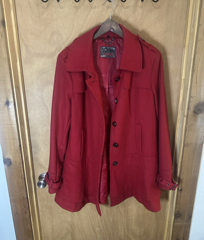 GUESS Women's Red Wool Blend Mid-Length Peacoat Button Front Pockets M