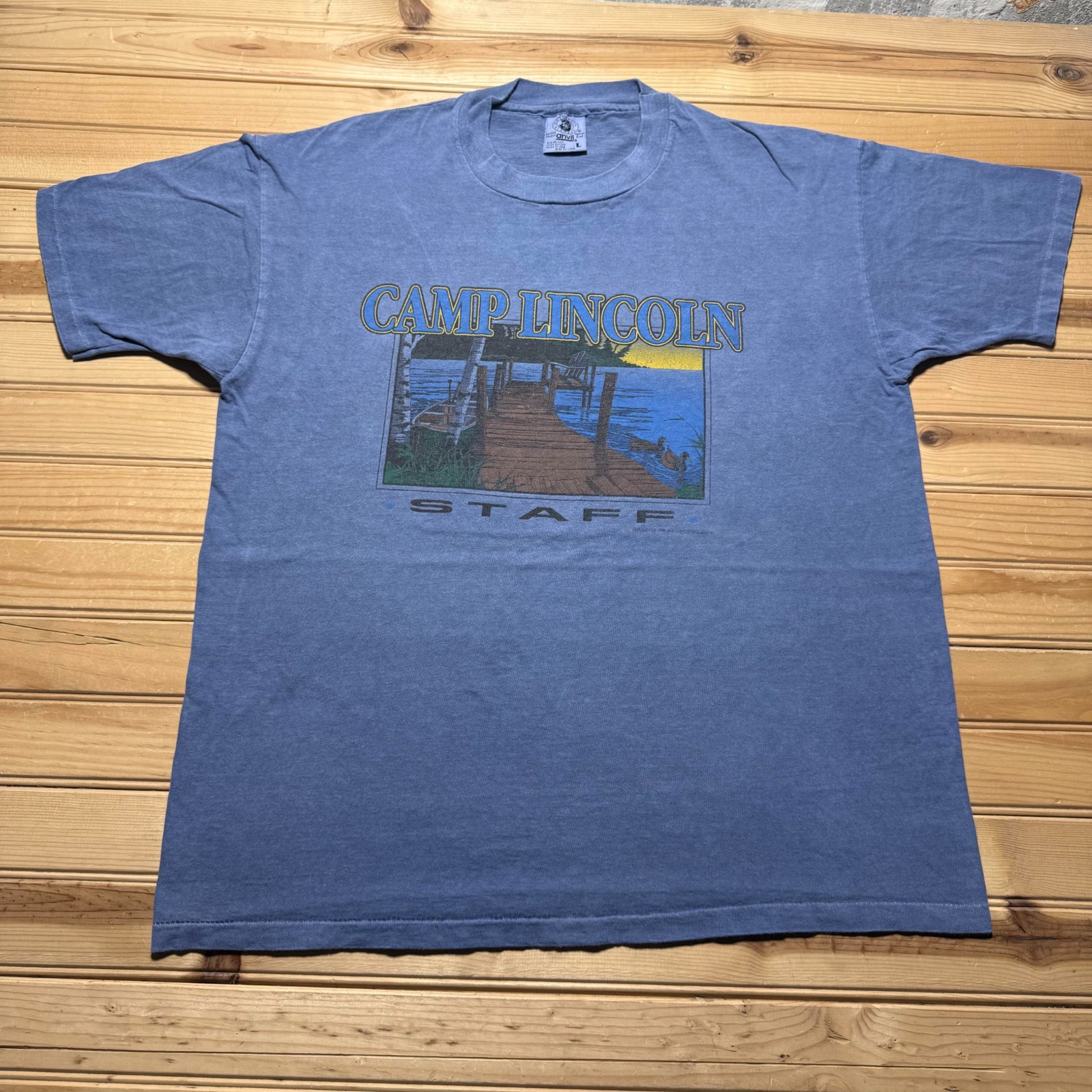 Vintage 90s Camp Lincoln Staff Lake Dock Boat Nature Graphic T-Shirt USA - Large