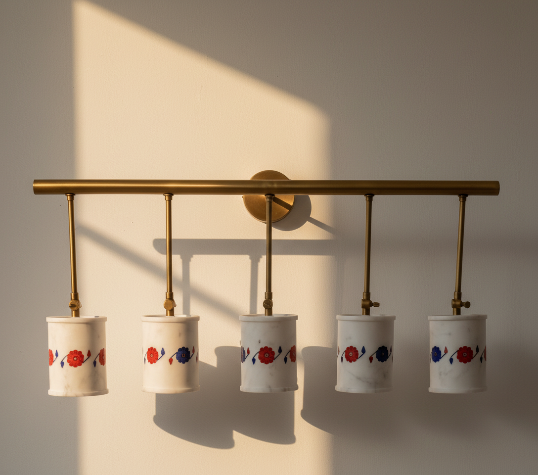 Handcrafted Alabaster & Brass 5 Light Wall Sconce 29 Inch Vintage Vanity Fixture