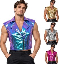 Men Metallic Gothic Vest Rave Festival Wear Shiny Sleeveless Waistcoat V Neck