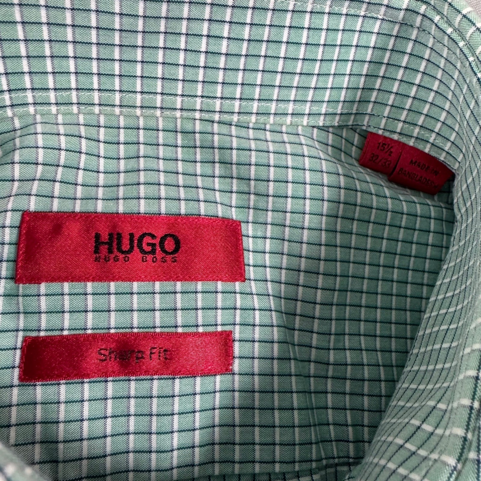 HUGO BOSS Sharp Fit Dress Shirt Green Gingham Button Up Men's 15.5 32/33 Checker thumbnail 3