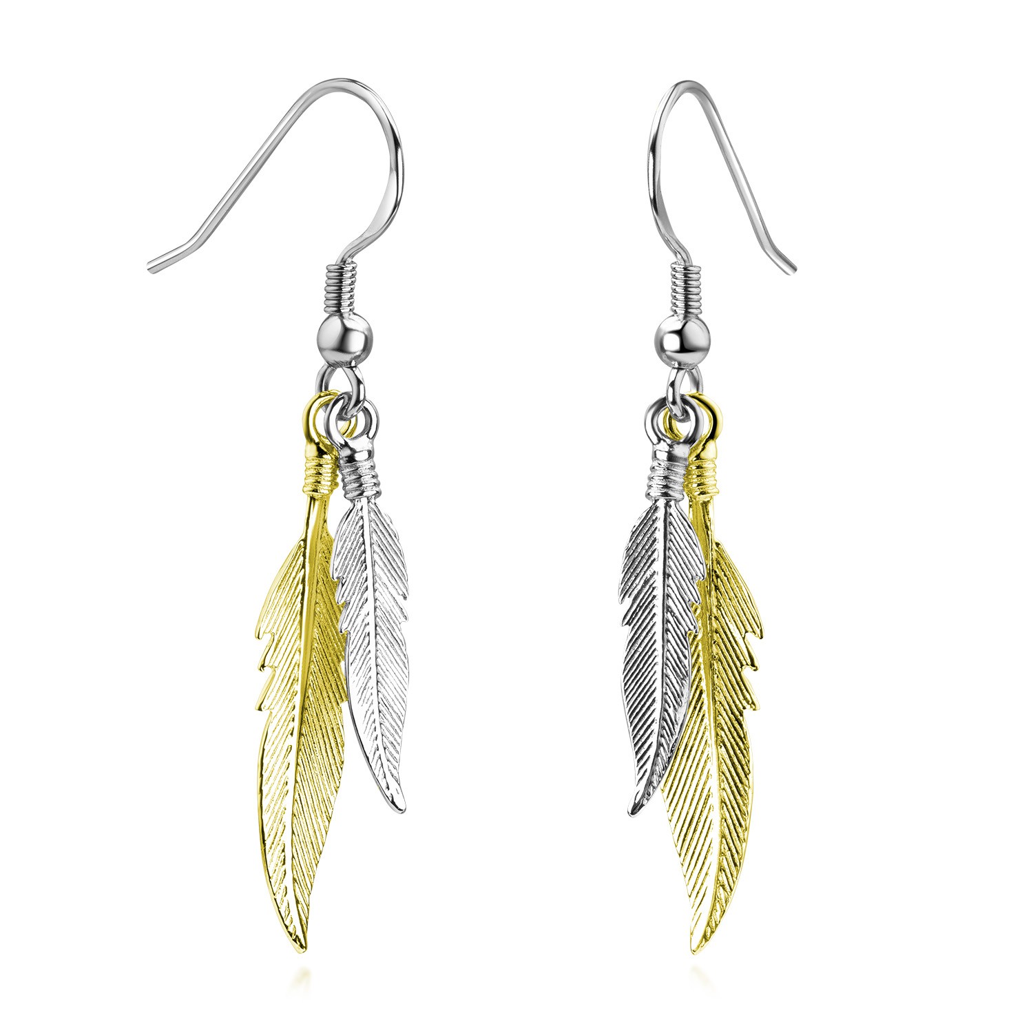 Pendientes mujer pluma colgante oro 925 plata chapada en oro bicolor