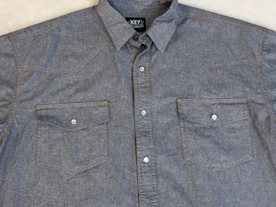 Key Pearl Snap Shirt Mens XL Blue Denim Western Workwear Cowboy Short Sleeve - Image 2 of 4