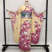 Furisode 5-piece set Japanese Kimono Yellow Classic floral Free shipping S-205