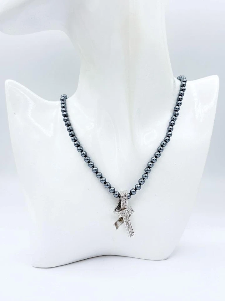 Nolan Miller Silver Faux Pearl Beaded Necklace w/ Swarovski Crystal Pendant Foto 2 de 4