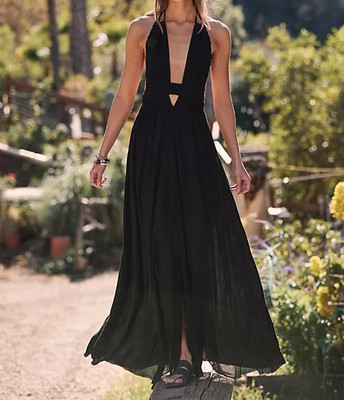 Free People Look Into the Sun Maxi Dress Halter Cutout Smocked Black M 283917