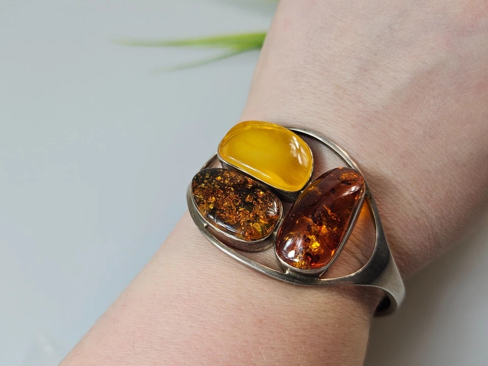 Bracciale ambra argento 925 regalo di Natale da donna gioielli vintage 925 - Immagine 3 di 4