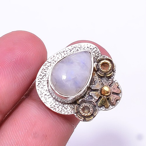Natural Rainbow Moonstone Two Tone Designer 925 Sterling Silver Ring s.8.5 R2
