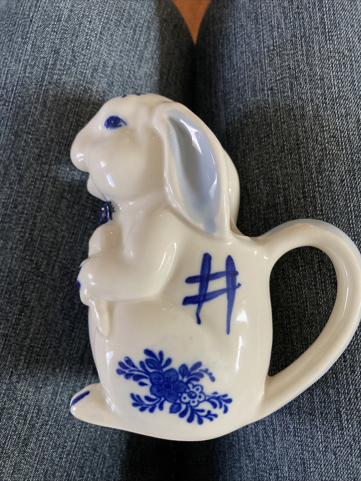 Vintage Bunny Blue & White Porcelain Rabbit Cream Milk Pitcher Country ...