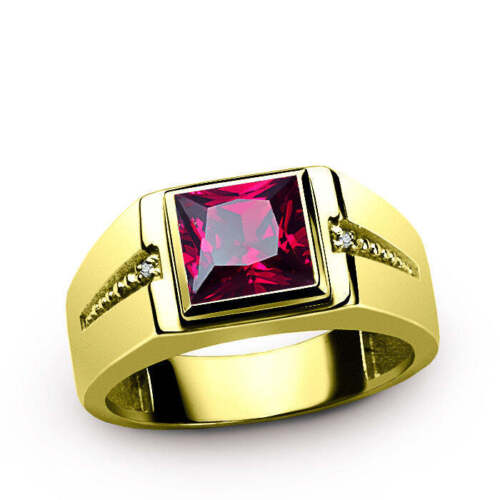Men's 14K Yellow Gold Ring with Natural Diamonds and Square Ruby - Picture 1 of 36