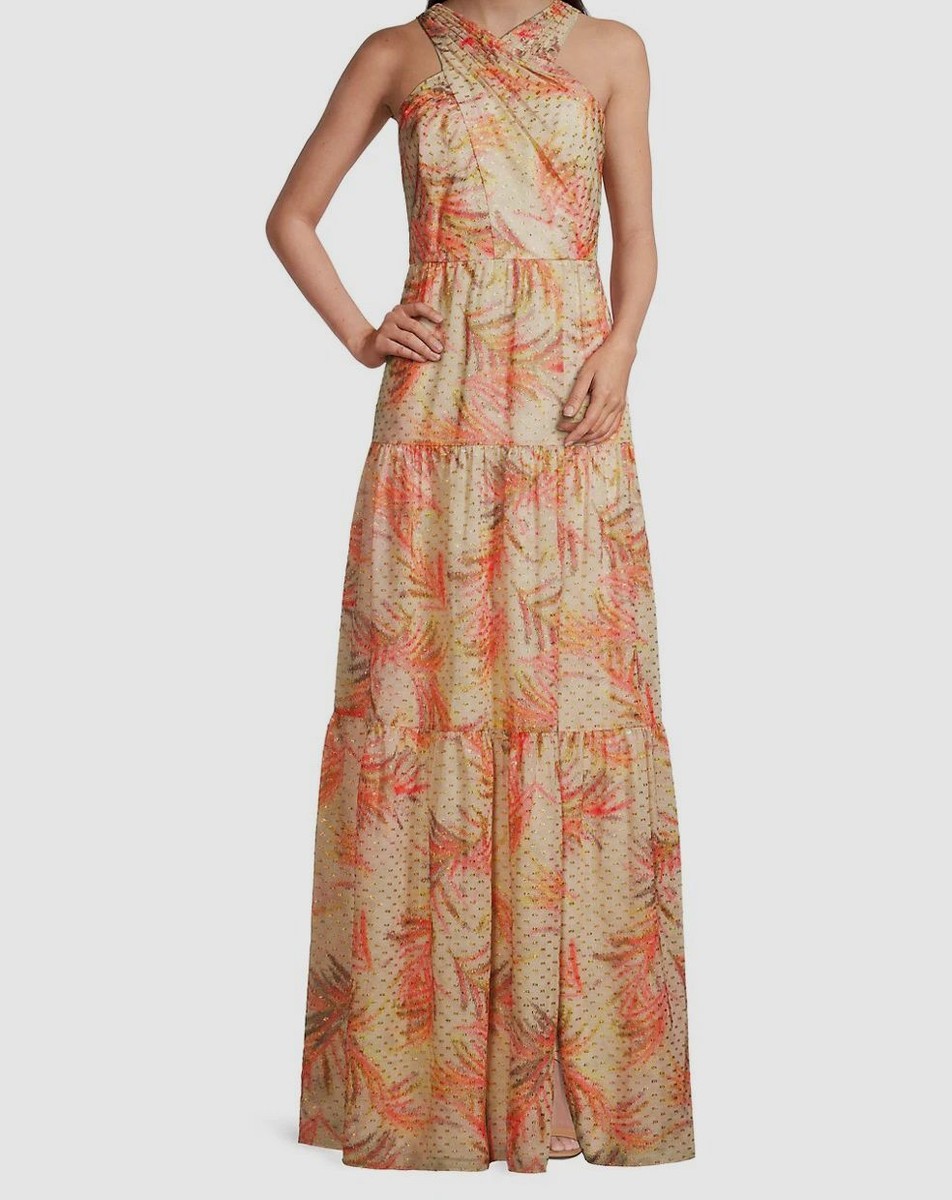 dress the population aidan halter midi dress $330 by Aidan Mattox Women's Beige Metallic Maxi Size US0 Ruffle Cuff Dresses