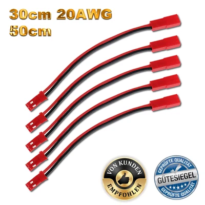 JST 2Pin BEC 20cm 30cm 50cm Verlängerung Stecker Buchse 20AWG Silikon Kabel LED - Bild 1 von 4