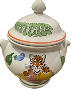 Lynn Chase Lidded Tiger Jaguar Floral Double Handle Jar Urn Jungle
