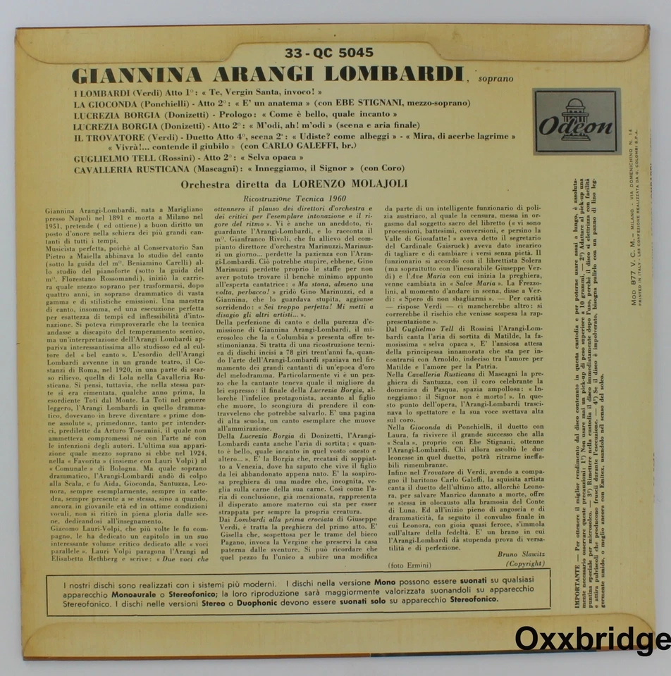 GIANNINA ARANGI LOMBARDI Odeon NEAR MINT Rare 10” ITALY LP  Rare Import Opera - Image 2 of 4