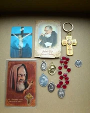 Lot of 8 - SAINT Padre PIO - Catholic items - medals chaplet tilt card keychain