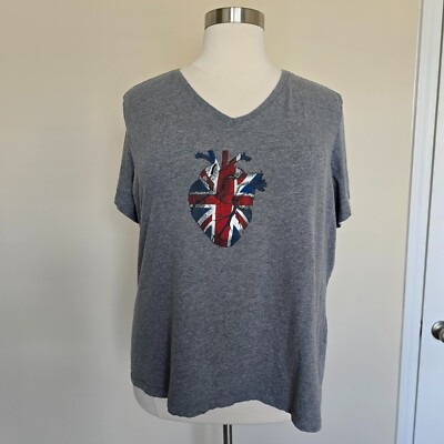 District Made Plus Size 4XL Grey Union Jack Flag Anatomical Heart Top Tee Shirt