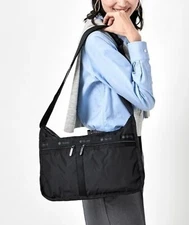 Lesportsac Iconic Black Logo Deluxe EVERYDAY Shoulder BAG Messenger Large Pouch