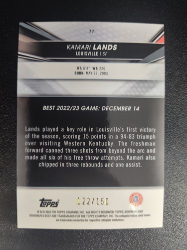 2023 Topps Bowman U Blue /150 Kamari Lands #77 Louisville Cardinals - Picture 2 of 2