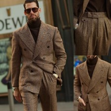 Khaki Tweed Men's Suits 2Pcs Wide Peak Lapel Blazer Wool Double Breasted Tuxedos