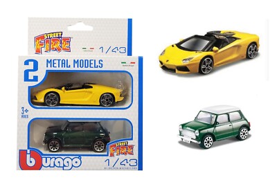 BBurago Street Fire 2 Metal Models Lamborghini Aventador Roadster + Mini Cooper