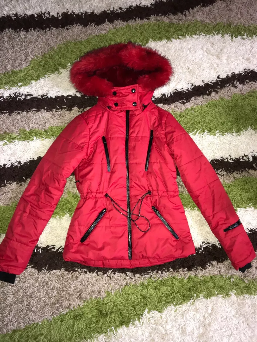 Ladies Size 8 Topshop Sno Ski Red Quilted Coat Jacket Faux Fur