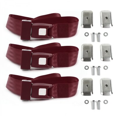 Ford 1949 - 1951 Standard 2pt Burgandy Lap Bench Seat Belt Kit w/ Bracketry - 3 