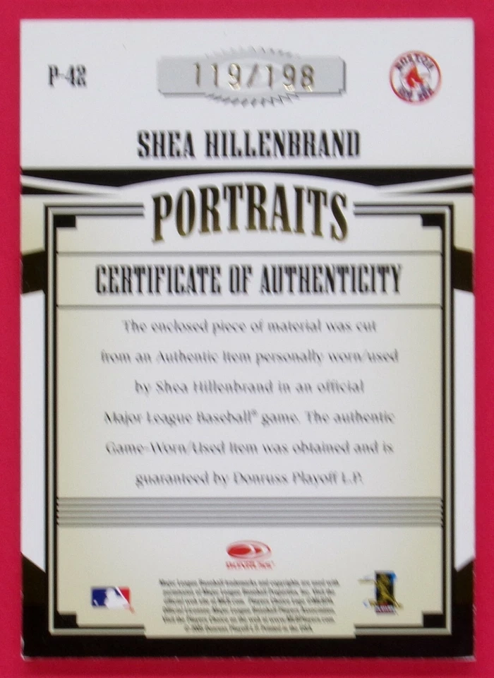 2005 Prime Patches Shea Hillenbrand 119/198 Portraits Jumbo Swatch #P-42 Red Sox - Image 2 of 2
