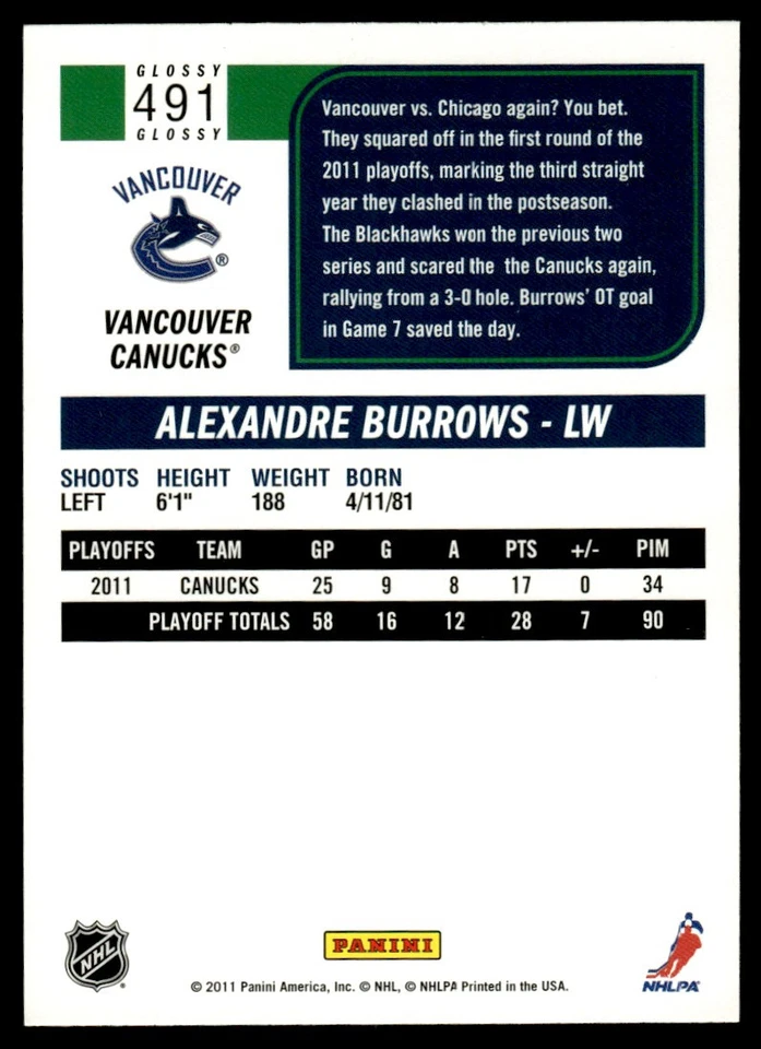 2011-12 Score Glossy Alexandre Burrows Vancouver Canucks #491 - Image 2 of 2