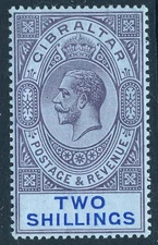 GIBRALTAR KG V 1912 2/- Dull Purple & Blue on Blue Wmk Mult Crown CA SG 82 MINT