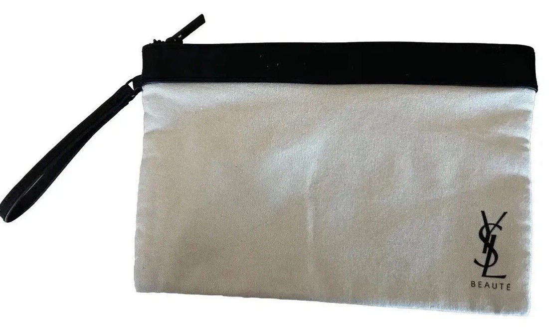 Borsa cosmetica YSL Yves Saint Laurent braccialetto beige zip tela bordo nero