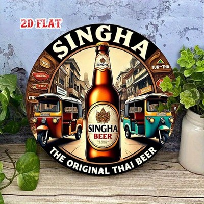 Singha Beer Tuk-Tuk Round Aluminum - Vintage Thai Street Scene Metal Tin Signs